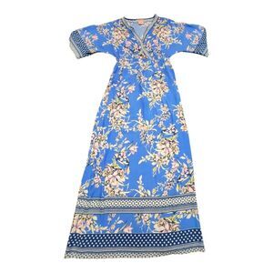 FLYING TOMATO Maxi Dress Floral Tropical V-Neck Short Sleeve Womens S Blue